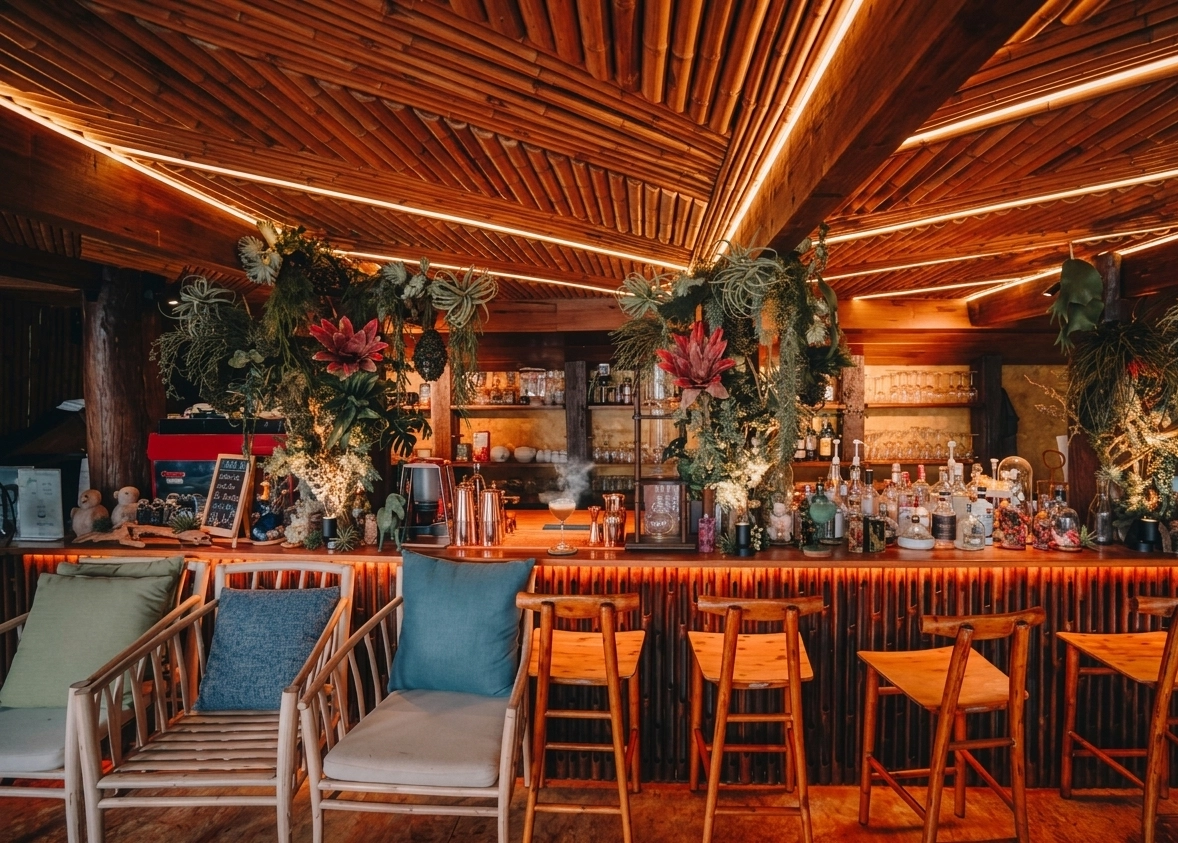Bamboo bar with tropical plants and warm lighting