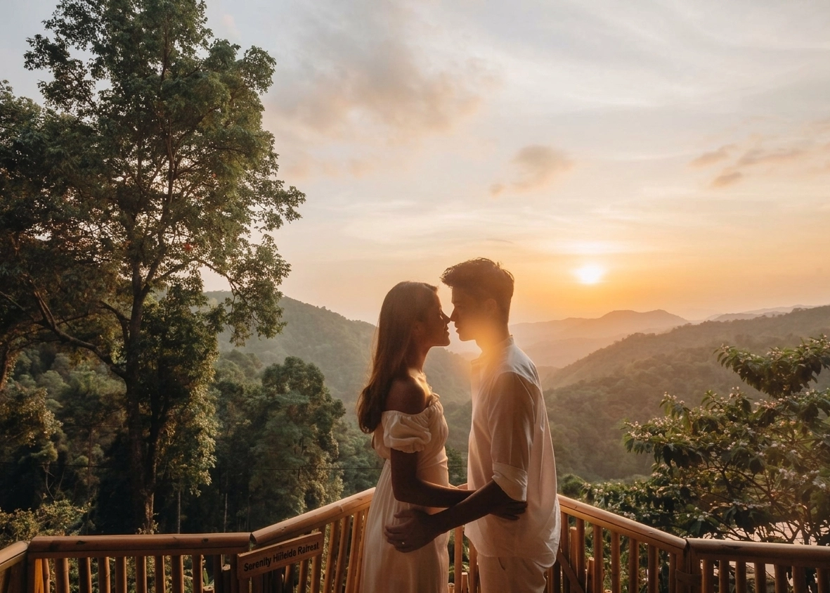 Couple watching sunset over the mountains from the bamboo terrace
