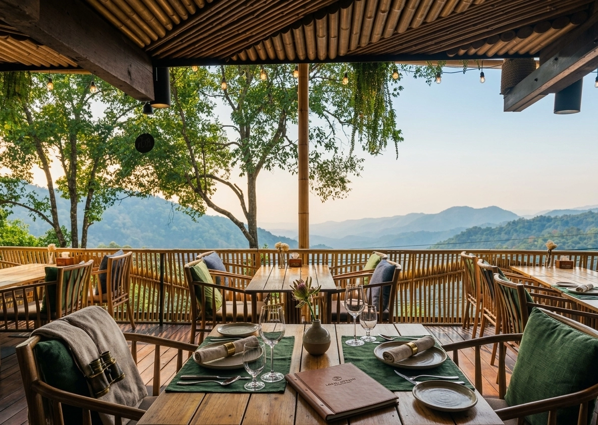 Open-air dining terrace with mountain valley view