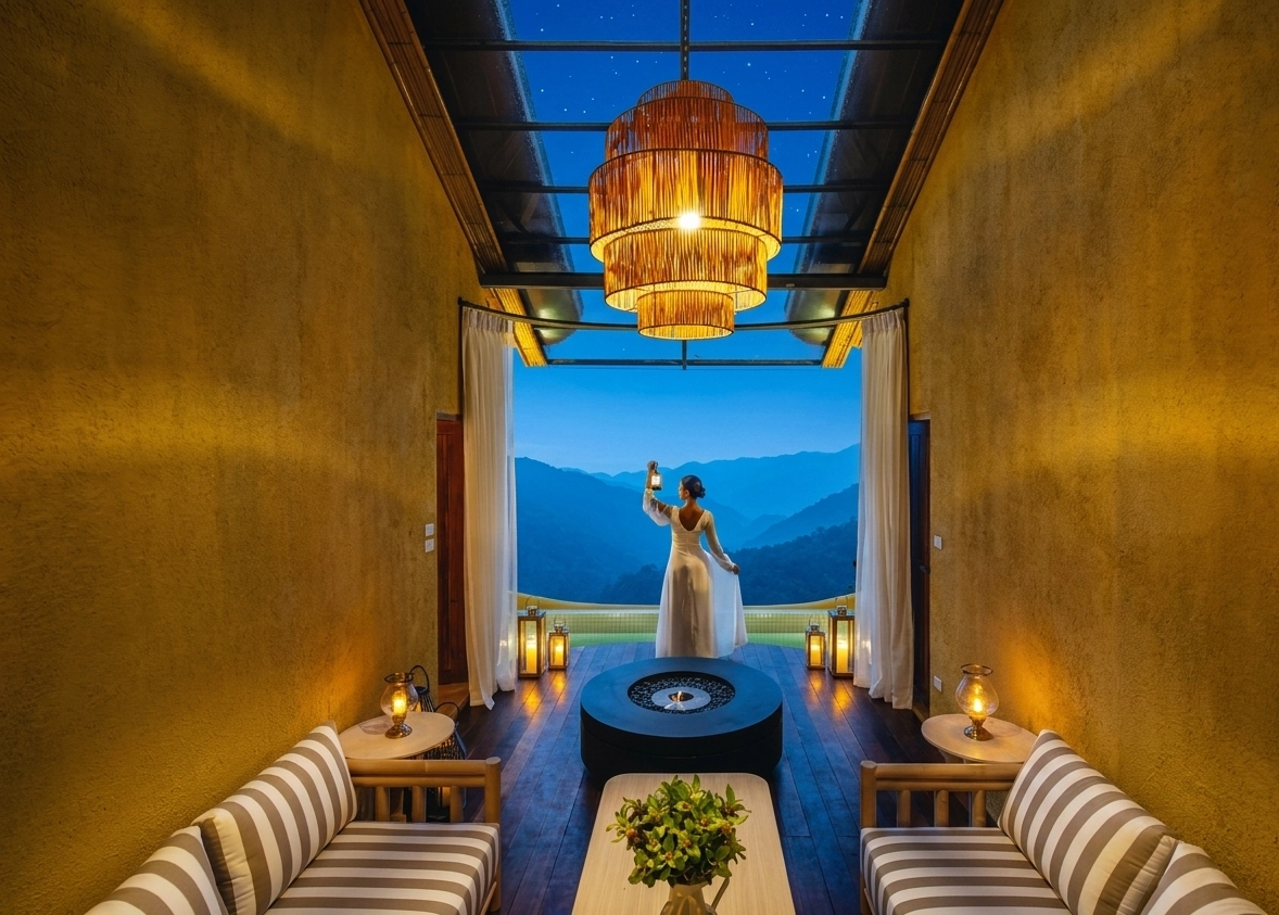 Evening lantern ritual on the terrace under starry sky